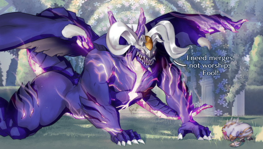 1boy, 1other, absurdres, all_fours, artist_logo, ass, breidablik_(fire_emblem), claws, coat, commentary, demon_boy, demon_horns, demon_tail, demon_wings, english_commentary, english_text, fire_emblem, fire_emblem:_the_sacred_stones, fire_emblem_heroes, fomortiis_(fire_emblem), heart, highres, hood, hood_up, hooded_coat, horns, kiran_(fire_emblem), logo, male_focus, nintendo, open_mouth, prostration, tail, talking, tema06, white_coat, wings