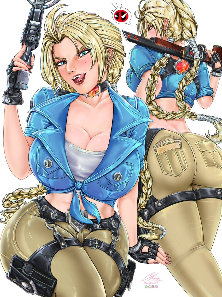 1girl, ass, black_gloves, blonde_hair, blue_eyes, blue_shirt, breasts, brown_pants