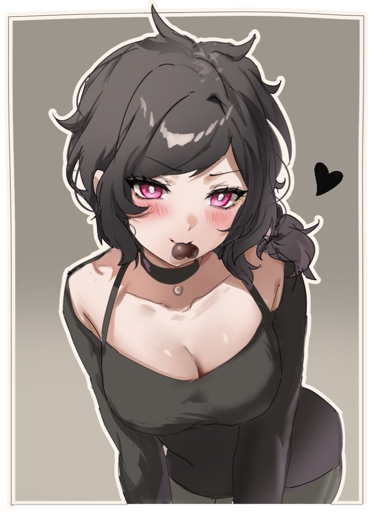 1girl, antenna_hair, ashley_graves, bare_shoulders, black_choker, black_hair, black_shirt, blush