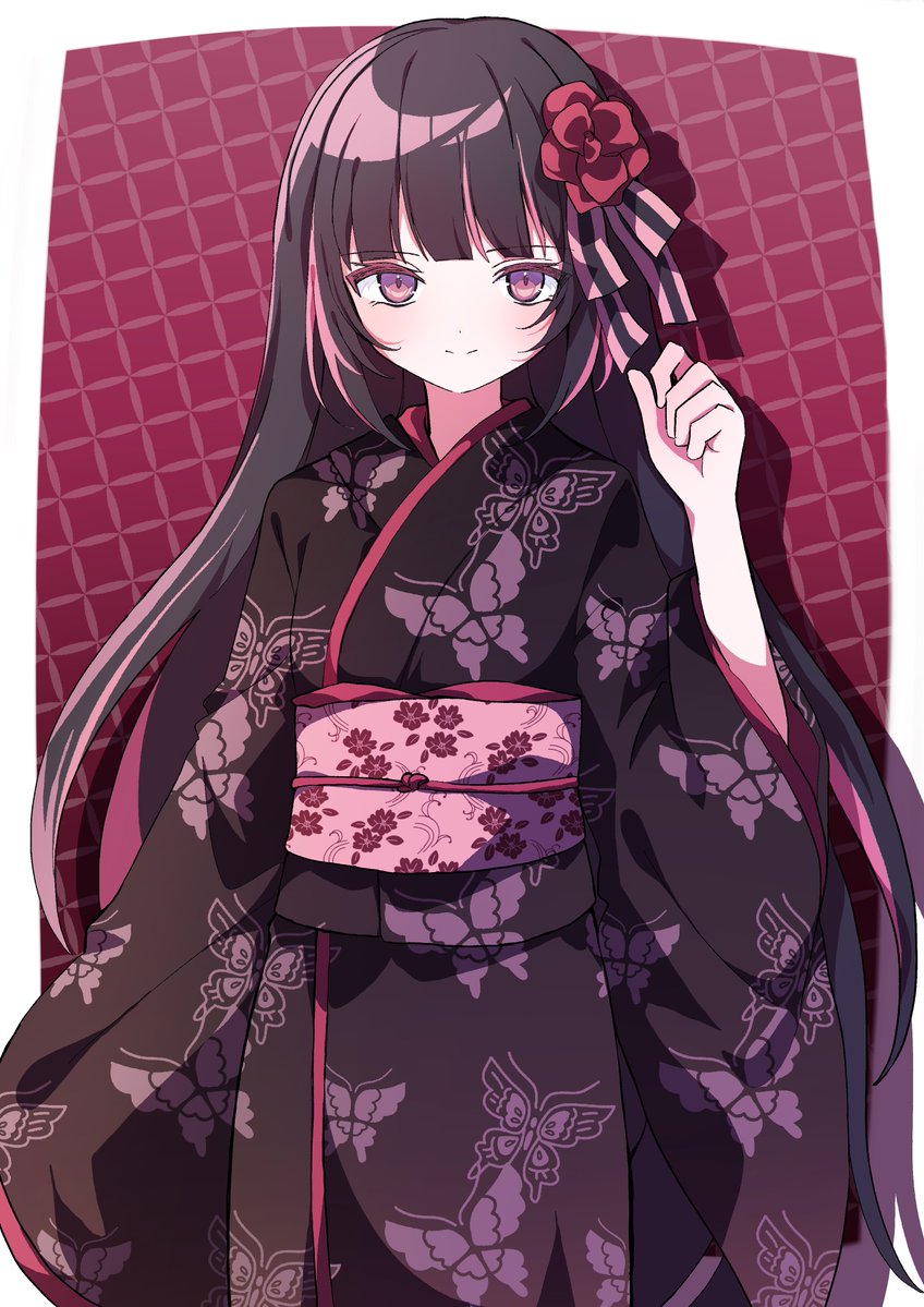 1girl, black_hair, black_kimono, butterfly_print_kimono, closed_mouth, commentary, commission, english_commentary