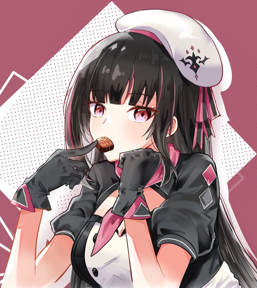 1girl, apron, beret, black_dress, black_gloves, black_hair, breasts, chocolate