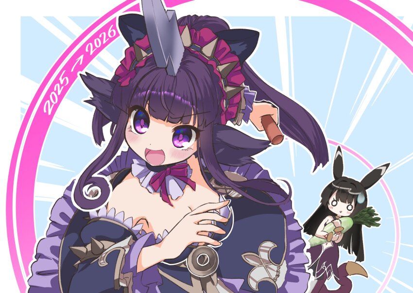 2girls, animal_ears, beyaert_alma, black_hair, breasts, chinese_zodiac, cleavage, commentary_request