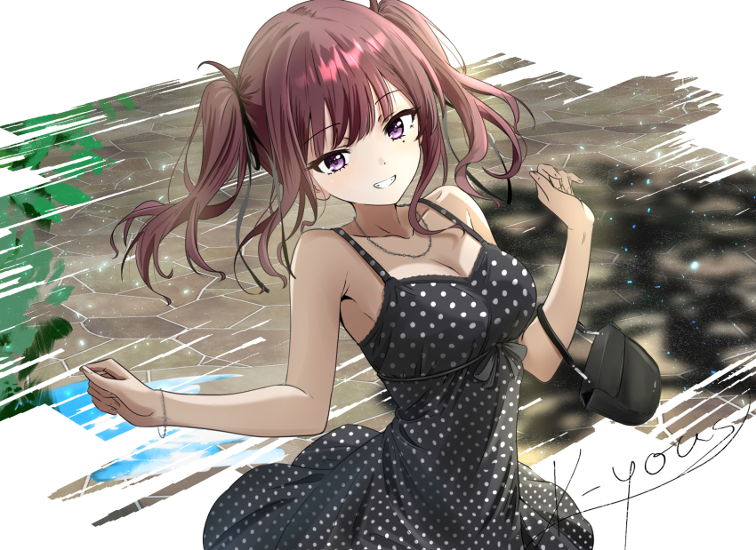 1girl, armpit_peek, bag, bare_arms, bare_shoulders, belt, black_bag, black_belt