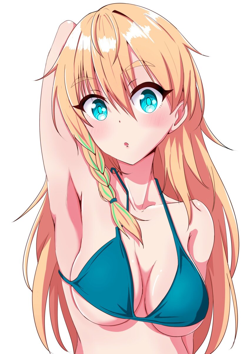 1girl, :o, aqua_eyes, arm_up, armpits, bikini, blonde_hair, blue_bikini