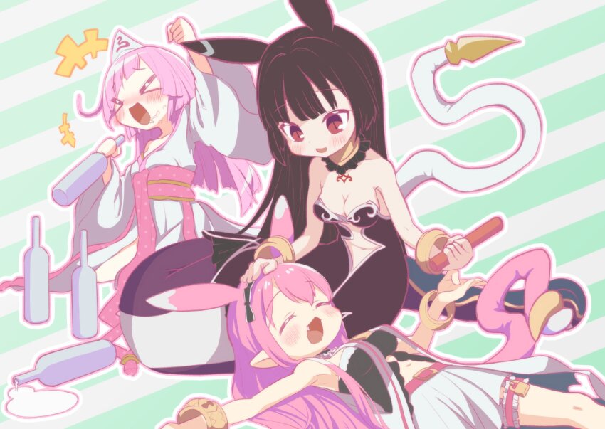 3girls, adoptive_parent_and_adoptive_child, animal_ears, black_dress, black_hair, bottle, breasts, chinese_zodiac