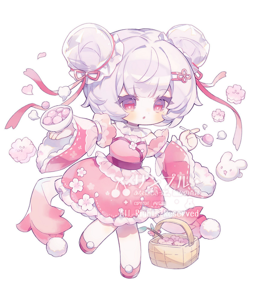 1girl, basket, blush, cherry_blossoms, chibi, detached_sleeves, dongnanbeixigua, double_bun, dress, flower, food, frills, full_body, hair_bun, hair_ornament, hair_ribbon, hairclip, highres, holding, long_sleeves, original, pantyhose, petals, pink_dress, pink_eyes, pink_flower, pink_ribbon, pink_sleeves, ribbon, sample_watermark, shoes, short_hair, simple_background, solo, watermark, white_background, white_hair, white_pantyhose, wide_sleeves
