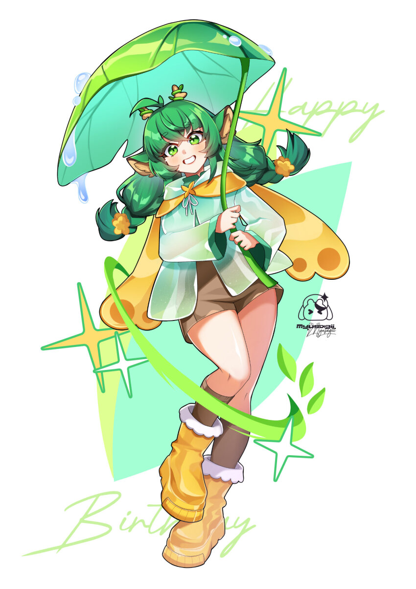 1girl, animal_ears, antlers, boots, brown_shorts, brown_socks, full_body, green_eyes