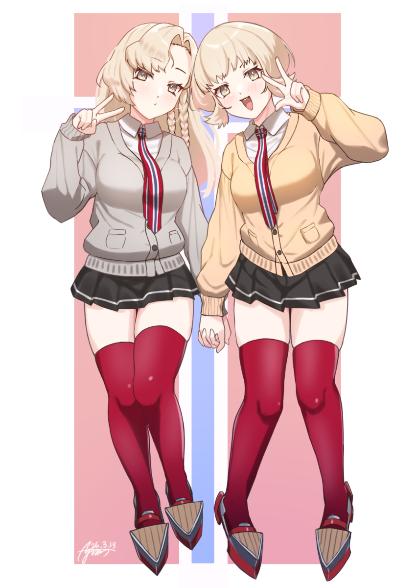 2girls, alternate_costume, asymmetrical_hair, ayuman, black_skirt, blonde_hair, braid, breasts