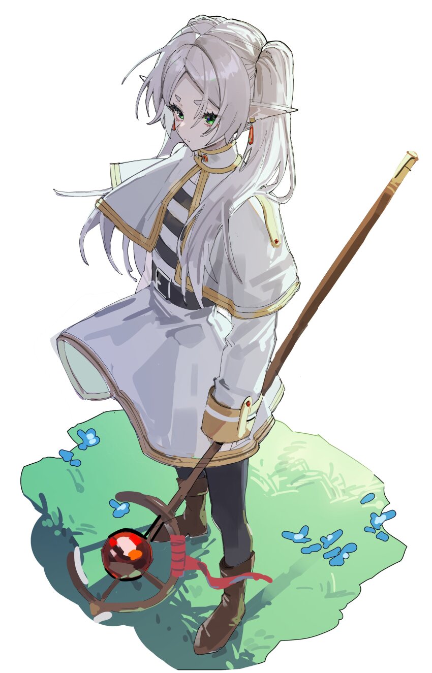 1girl, absurdres, closed_mouth, dress, earrings, elf, flower, frieren