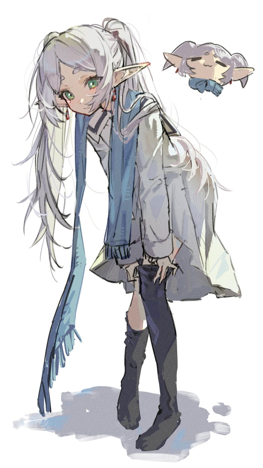 1girl, absurdres, blue_scarf, closed_mouth, coat, earrings, elf, frieren