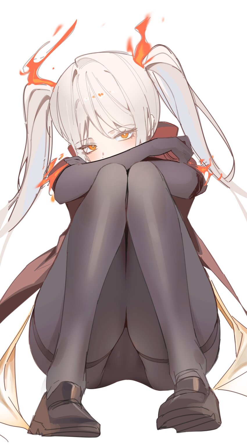 1girl, absurdres, ardor_blossom_star_(e.g.o), black_gloves, black_pantyhose, black_shoes, e.g.o_(project_moon), faust_(project_moon), gloves, hashtag-only_commentary, highres, jumpsuit, limbus_company, long_hair, noto12_34, orange_hair, orange_jumpsuit, pantyhose, project_moon, shoes, simple_background, solo, twintails, white_background, white_hair