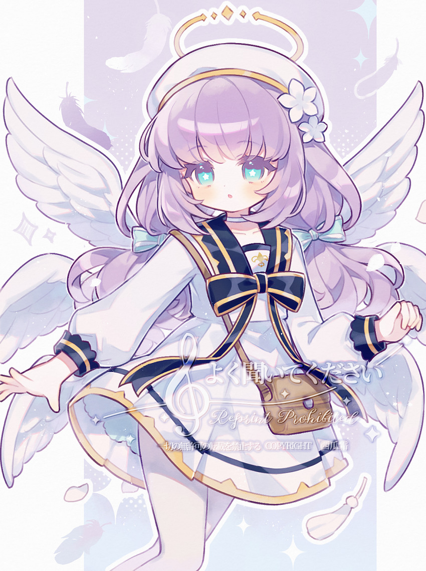 1girl, angel, angel_wings, aqua_eyes, bag, beret, blue_bow, blue_eyes