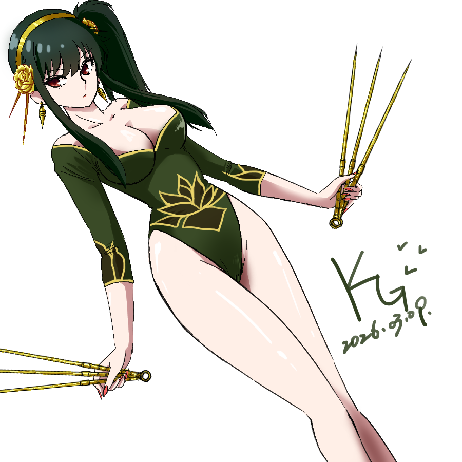 1girl, athletic_leotard, black_leotard, breasts, cleavage, collarbone, commentary_request, cosplay, dated, dutch_angle, earrings, floral_print_leotard, flower, gold_hairband, groin, hair_flower, hair_ornament, hairband, jewelry, jian_yin, kunou_kodachi, kunou_kodachi_(cosplay), leotard, long_hair, looking_at_viewer, ranma_1/2, red_eyes, side_ponytail, sidelocks, signature, simple_background, solo, spy_x_family, standing, white_background, yor_briar