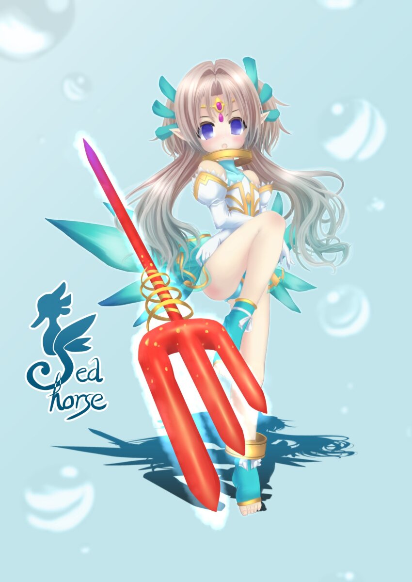 1girl, blue_eyes, boots, brown_hair, commentary_request, dress, emil_chronicle_online, gold_choker, gradient_hair, green_background, green_boots, green_hair, green_panties, green_wings, highres, horns, keys_shrine, long_hair, multicolored_hair, panties, pointy_ears, polearm, seahorse_alma, sleeveless, sleeveless_dress, solo, spear, standing, standing_on_one_leg, thighs, tiara, underwear, water_drop, weapon, white_dress, wings