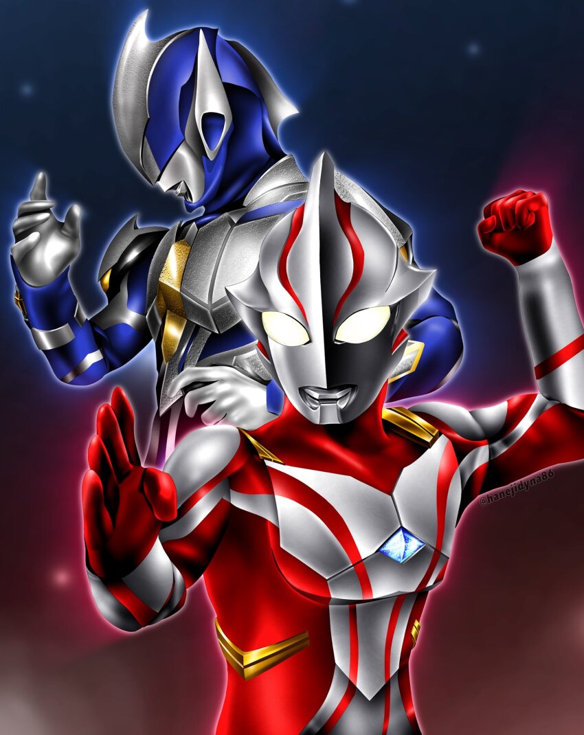 2boys, alien, arm_guards, armor, blue_skin, breastplate, clenched_hand, color_timer