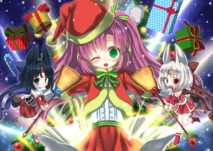 3girls, animal_ears, bell, black_hair, blue_ribbon, boots, box, brown_corset