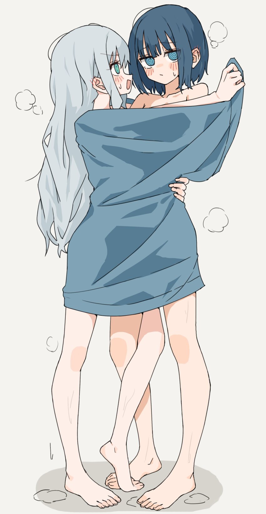 2girls, @_@, absurdres, aqua_eyes, barefoot, blue_hair, blush, collarbone, commentary, highres, kopaka_(karda_nui), long_hair, looking_at_another, looking_at_viewer, multiple_girls, open_mouth, original, shared_towel, short_hair, standing, towel, white_hair, yuri