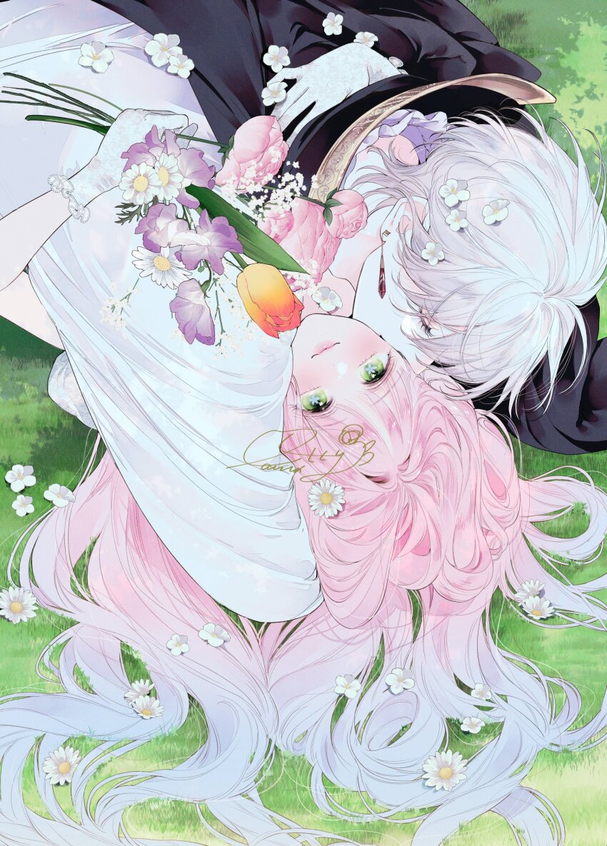 1boy, 1girl, absurdres, b_etty01tm, blue_hair, closed_eyes, daisy_(flower), dress