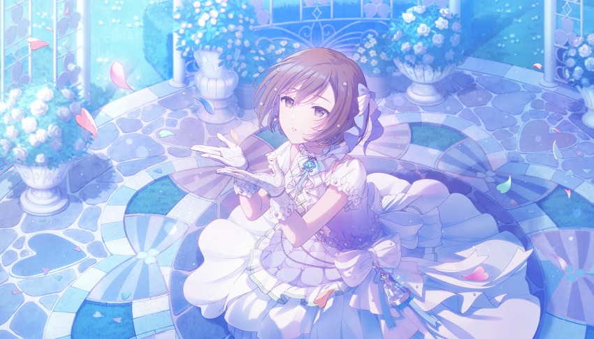 1girl, aqua_petals, bell, blue_bow, blue_petals, blue_theme, bouquet, bow