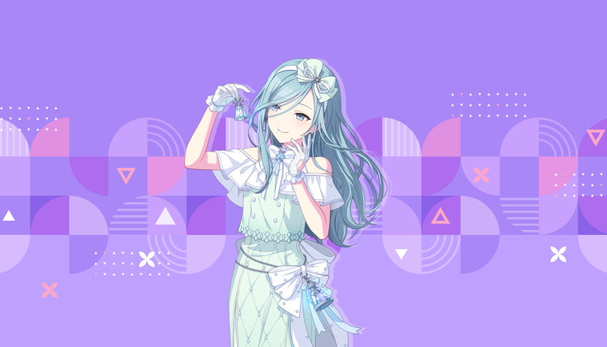 1girl, aqua_bow, aqua_dress, arm_up, bare_shoulders, bell, blue_eyes, blue_hair