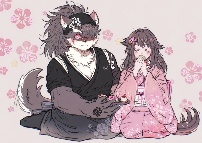 1boy, 1girl, animal_ears, bandana, black_bandana, black_kimono, blush, brown_hair
