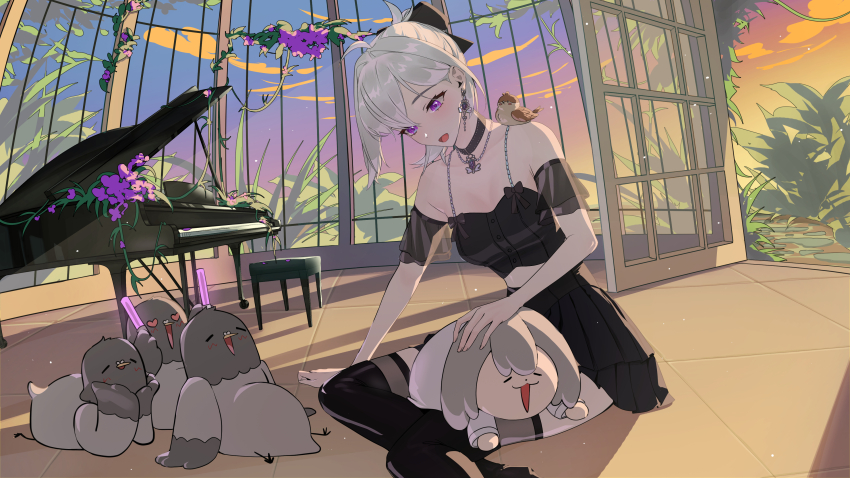 1girl, absurdres, animal, animal_on_shoulder, bare_shoulders, bird, bird_on_shoulder, black_bow, black_choker, black_shirt, black_skirt, black_thighhighs, boots, bow, breasts, character_doll, choker, cleavage, cloud, commentary, cross, detached_sleeves, doll, dulgi_(ine_(vtuber)), earrings, flower, gradient_sky, grand_piano, grey_hair, hair_bow, hamine_(ine_(vtuber)), highres, indoors, ine_(vtuber), instrument, jewelry, korean_commentary, microphone, midriff_peek, miniskirt, multicolored_hair, music, necklace, off_shoulder, on_floor, open_mouth, owl, piano, plant, playing_instrument, pleated_skirt, ponytail, purple_eyes, purple_flower, purucon, shirt, sitting, skirt, sky, small_breasts, solo, sunset, thighhighs, tile_floor, tiles, tongue, tongue_out, utaite, vines, virtual_youtuber, waktaverse, white_hair, window, zettai_ryouiki