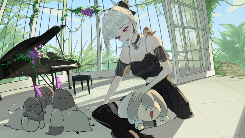 1girl, absurdres, animal, animal_on_shoulder, bare_shoulders, bird, bird_on_shoulder, black_bow, black_choker, black_shirt, black_skirt, black_thighhighs, bow, breasts, character_doll, choker, cleavage, commentary, cross, day, doll, dress, dulgi_(ine_(vtuber)), earrings, flower, grand_piano, grey_hair, hair_bow, hamine_(ine_(vtuber)), highres, indoors, ine_(vtuber), instrument, ivy, jewelry, korean_commentary, looking_down, music, off_shoulder, open_mouth, owl, piano, plant, playing_instrument, pleated_skirt, ponytail, purple_eyes, purple_flower, purucon, shirt, sitting, skirt, sky, solo, thighhighs, tile_floor, tiles, vines, virtual_youtuber, waktaverse, white_hair, window, zettai_ryouiki