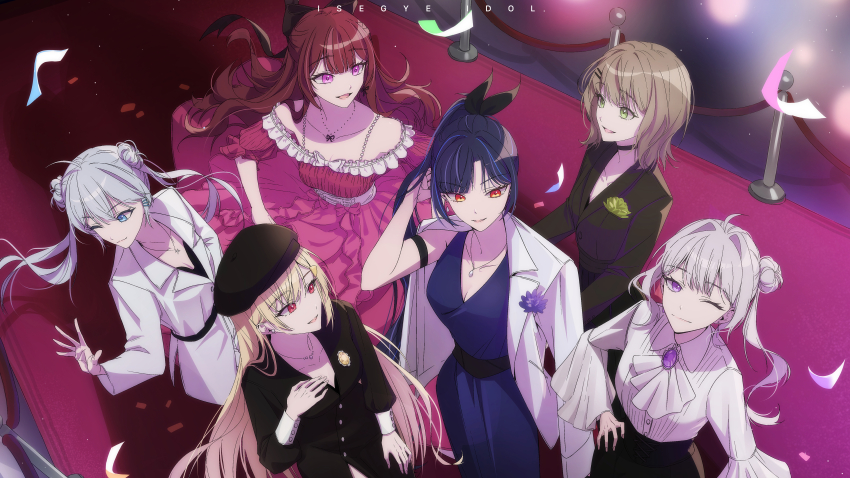 6+girls, absurdres, ascot, bare_shoulders, beret, black_bow, black_choker, black_dress