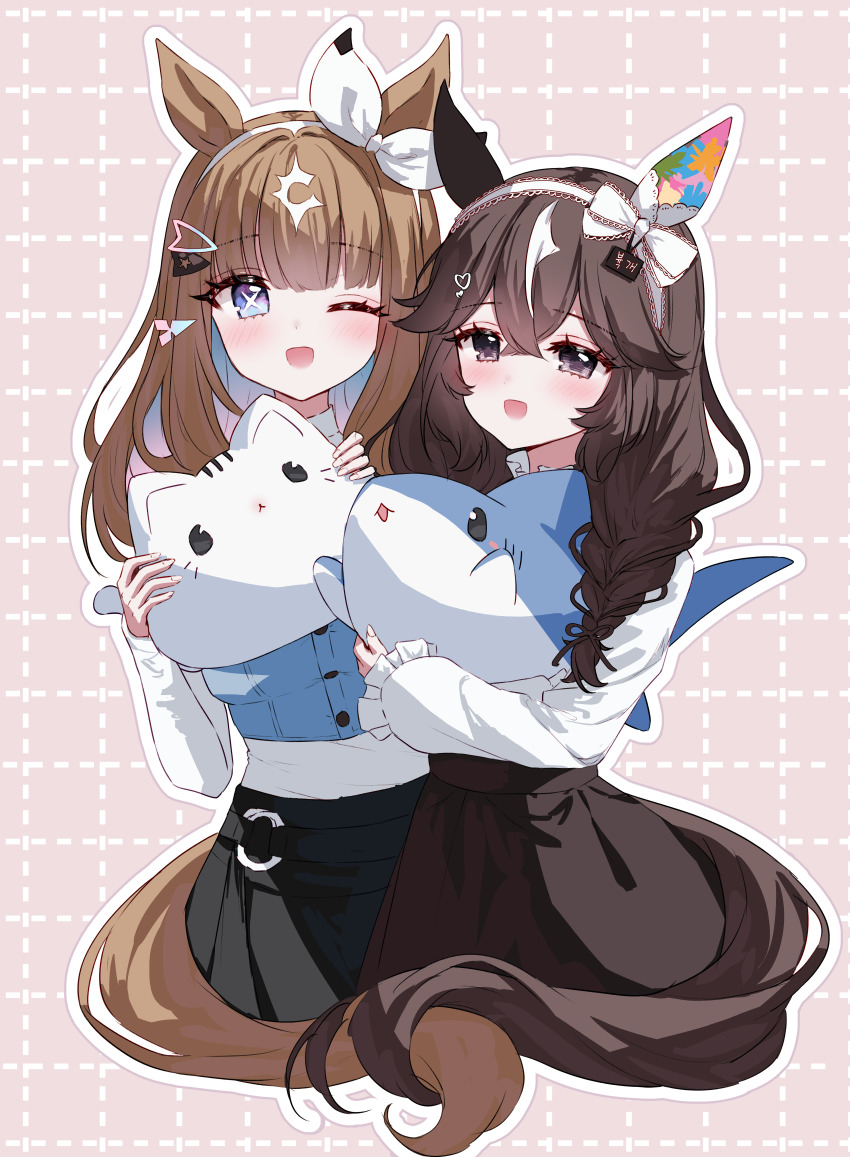 2girls, absurdres, almond_eye_(casual)_(umamusume), almond_eye_(umamusume), black_eyes, black_hair, black_skirt, black_tail