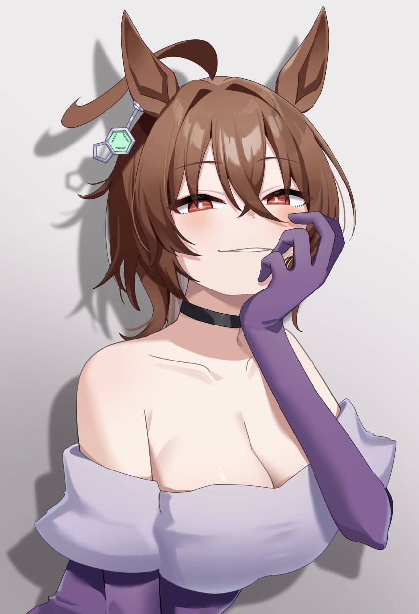1girl, absurdres, agnes_tachyon_(umamusume), alternate_costume, animal_ears, black_choker, blush, breasts, bright_pupils, brown_hair, choker, cleavage, collarbone, commentary_request, dress, elbow_gloves, gloves, hair_between_eyes, highres, horse_ears, horse_girl, jitsumuraakiho, large_breasts, looking_at_viewer, medium_hair, off-shoulder_dress, off_shoulder, purple_dress, purple_gloves, red_eyes, smile, solo, umamusume, white_gloves, white_pupils