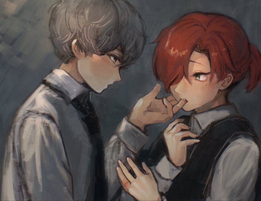 2boys, bite_mark_around_finger, biting_another's_finger, black_necktie, black_vest, blush, dress_shirt, green_eyes