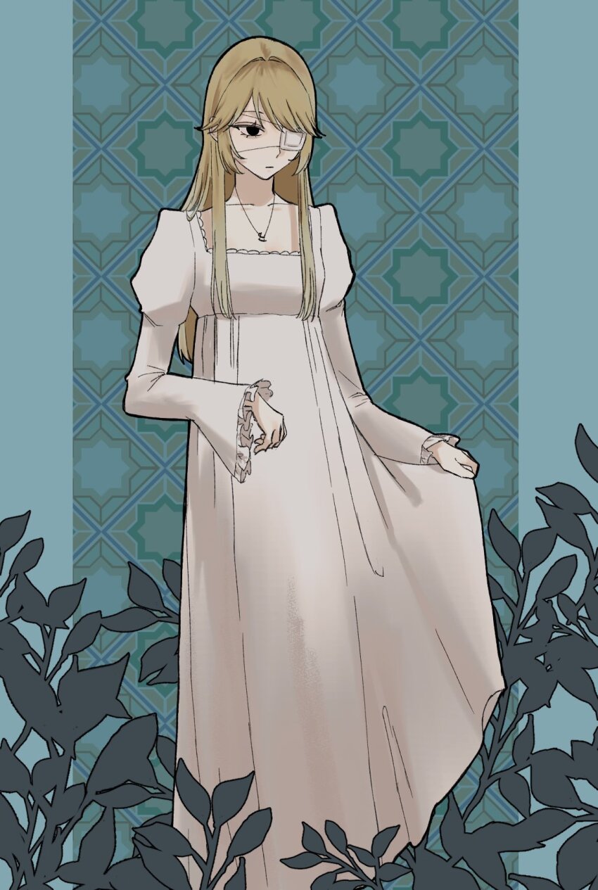 1girl, art_nouveau, black_eyes, blonde_hair, dress, eyepatch, feet_out_of_frame, frilled_sleeves