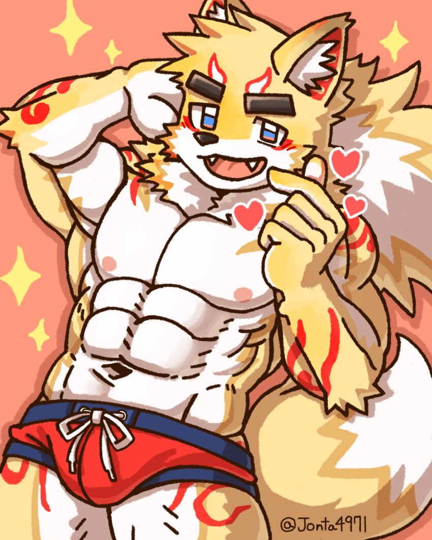 1boy, animal_ears, artist_name, bara, blush, bulge, commentary_request, fangs