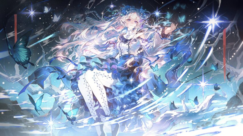 1girl, blue_dress, blue_eyes, bug, butterfly, commission, dress, flower, hair_flower, hair_ornament, highres, insect, long_hair, looking_at_another, original, pantyhose, sitting, solo, star_(symbol), tree, watabosi_28, water, white_dress, white_hair, white_pantyhose