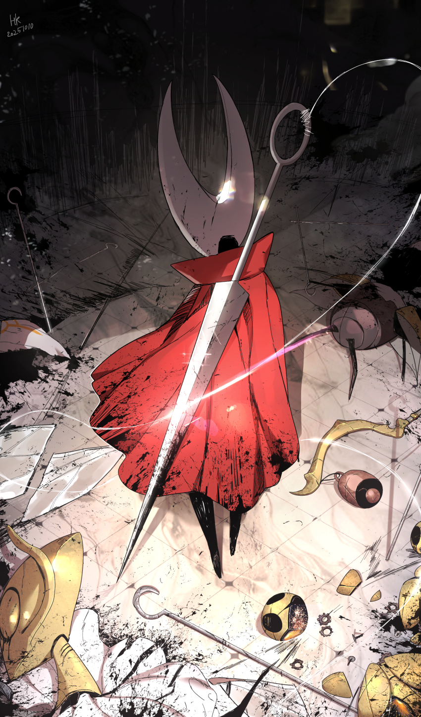 absurdres, after_battle, arthropod_girl, black_blood, black_skin, blood, blood_on_clothes, blood_on_mask, blood_splatter, bloody_weapon, choristor_(hollow_knight), cloak, cogfly_(hollow_knight), colored_skin, commentary, death, decapitation, from_behind, gears, highres, hollow_knight, hollow_knight:_silksong, horned_mask, hornet_(hollow_knight), hyeongang, mask, minister_(hollow_knight), pin_(hollow_knight), red_cloak, solo_focus, standing, tile_floor, tiles, weapon, weapon_on_back, white_mask