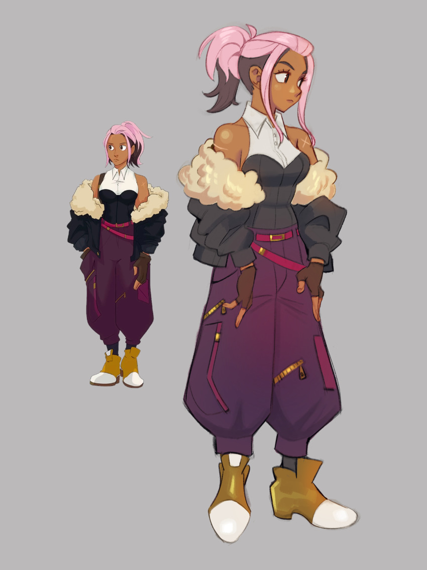 1girl, absurdres, baggy_pants, belt, breasts, dark-skinned_female, dark_skin, drawfee