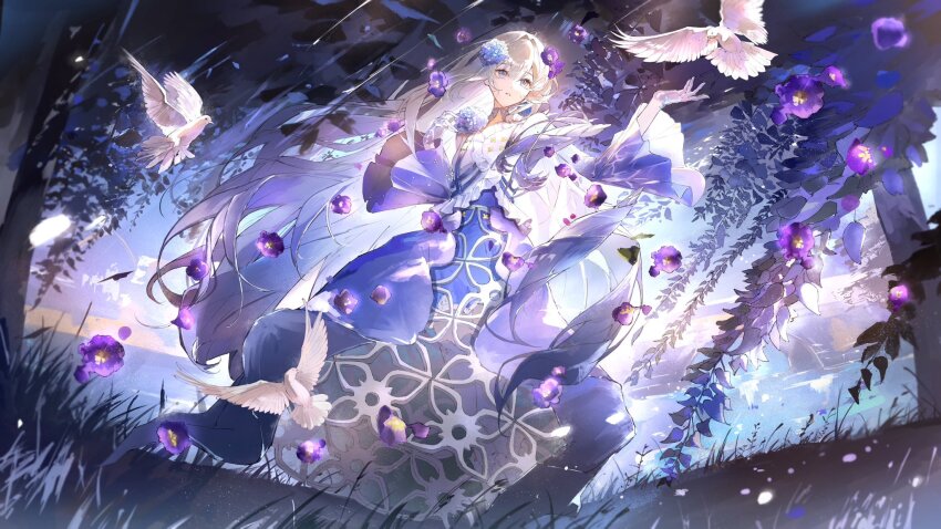 1girl, bird, blue_eyes, blue_skirt, character_request, commentary_request, dress, flower, full_body, hair_flower, hair_ornament, highres, leaf, long_hair, looking_at_another, original, pink_hair, purple_dress, purple_flower, skirt, sky, thighhighs, tree, watabosi_28, white_bird, white_flower, white_thighhighs