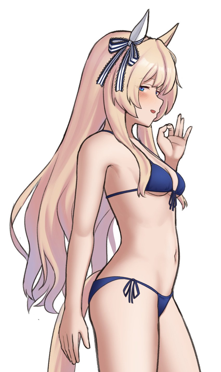 1girl, animal_ears, bakkasu150, bikini, blonde_hair, blue_bikini, blue_eyes, breasts