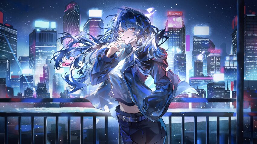 1girl, alternate_costume, arknights, blue_eyes, blue_hair, blue_jacket, building, highres