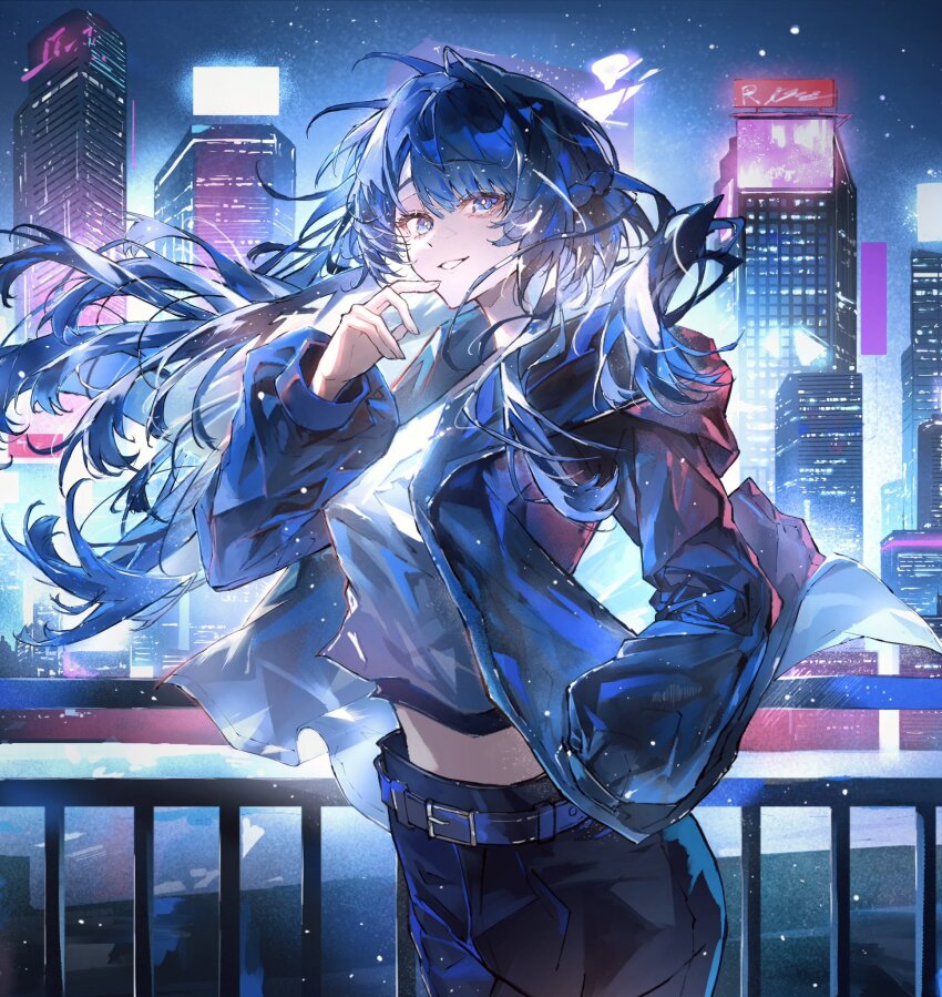 1girl, alternate_costume, arknights, blue_eyes, blue_hair, blue_jacket, building, commentary