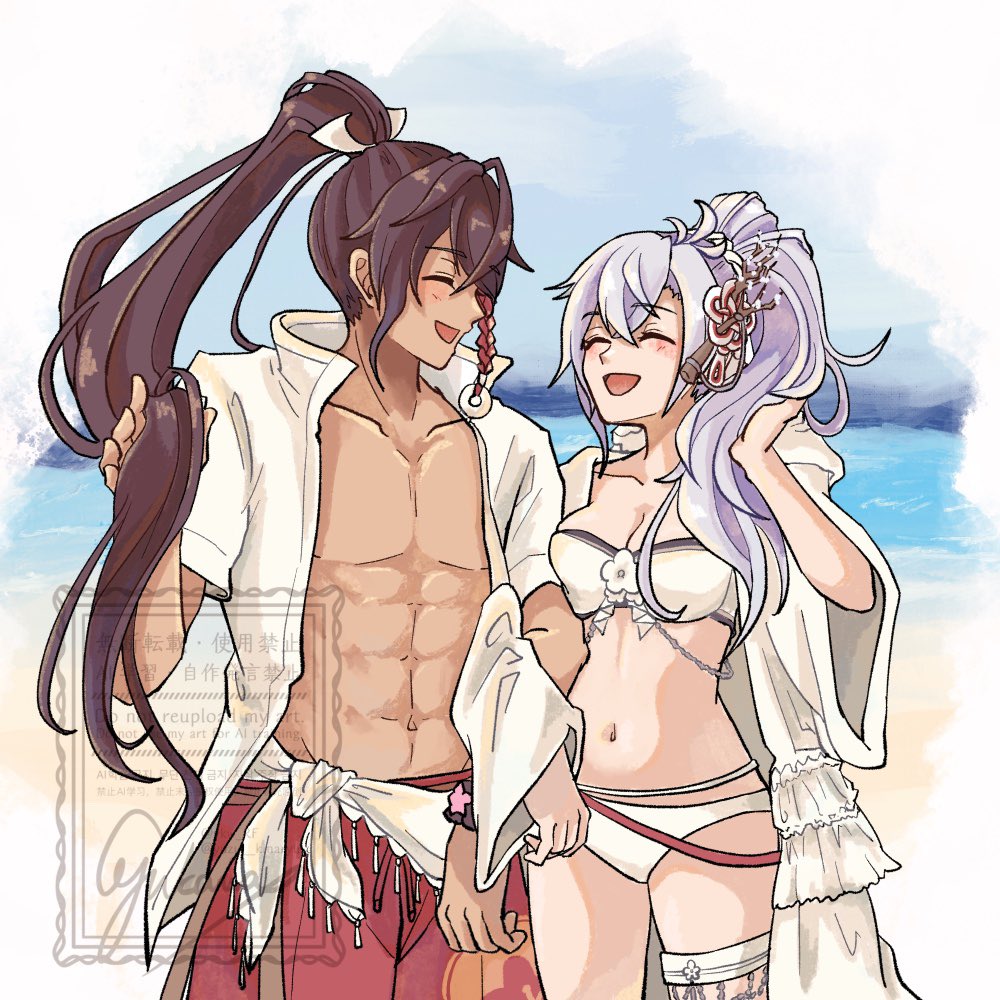 1boy, 1girl, abs, bikini, brown_hair, commentary_request, couple, hair_between_eyes