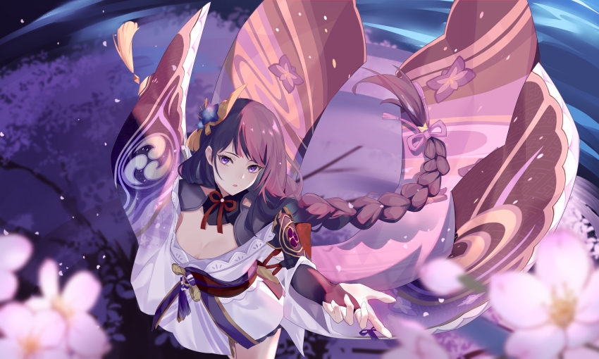 1girl, abstract_background, absurdres, arm_up, asymmetrical_sleeves, blunt_bangs, blurry, braid, breasts, bridal_gauntlets, chinese_commentary, cleavage, clothing_cutout, commentary_request, depth_of_field, flower, from_above, genshin_impact, hair_ornament, hair_ribbon, head_tilt, highres, japanese_clothes, kimono, large_breasts, light_particles, lingerie, long_braid, mingci937, mitsudomoe_(shape), neck_ribbon, no_mole, off_shoulder, pink_flower, purple_eyes, purple_hair, purple_kimono, raiden_shogun, red_ribbon, ribbon, ripples, shoulder_cutout, single_braid, solo, standing, tomoe_(symbol), tree, underwear, uneven_sleeves, upper_body, water, wide_sleeves