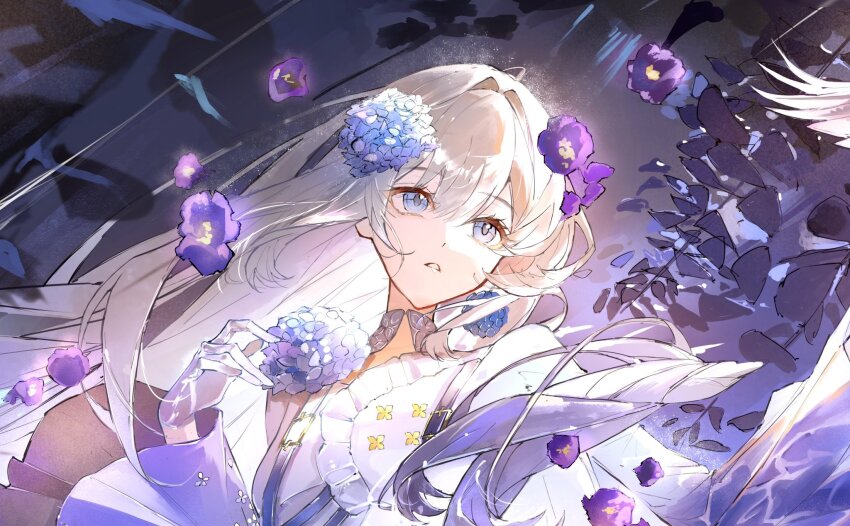 1girl, bird, blue_eyes, dress, flower, gloves, grey_gloves, hashtag-only_commentary