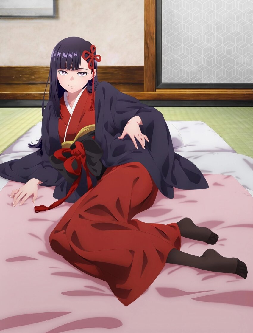 artist_request, black_pantyhose, hair_ornament, haori, highres, japanese_clothes, kimono, light_smile, long_hair, looking_at_viewer, lying, mato_seihei_no_slave, obi, official_art, on_side, pantyhose, purple_eyes, purple_hair, purple_haori, red_kimono, sash, solo, tatami, yamashiro_ren