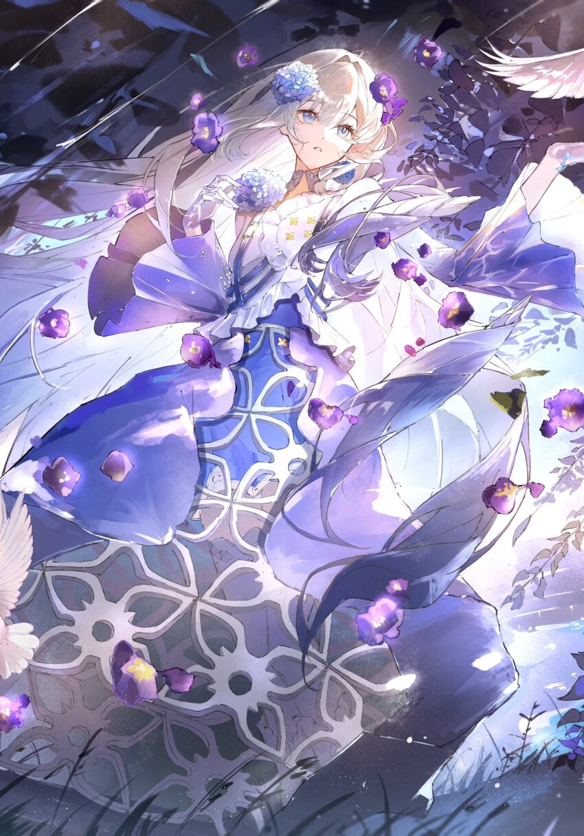 1girl, bird, blue_eyes, blue_skirt, commentary_request, dress, flower, hair_flower, hair_ornament, highres, hinako_(myth_hydrangea), leaf, long_hair, looking_at_another, original, pink_hair, purple_dress, purple_flower, skirt, sky, thighhighs, tree, watabosi_28, white_bird, white_flower, white_thighhighs