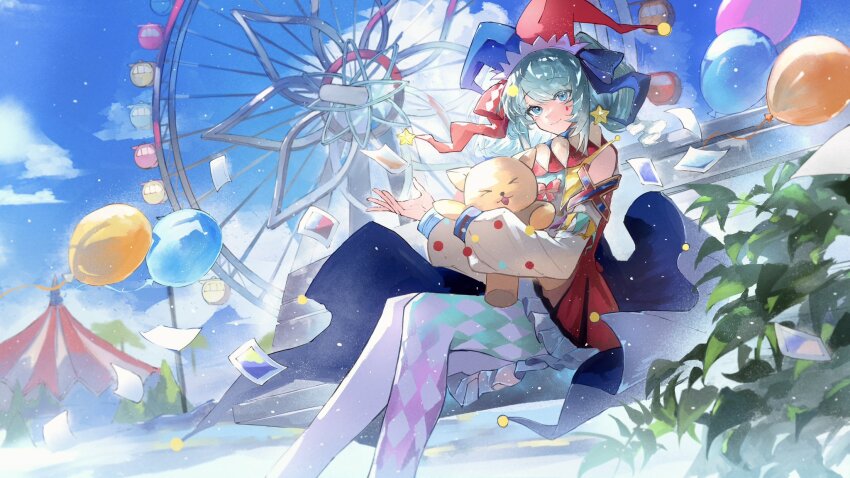 1girl, blue_eyes, blue_hair, blue_sky, clown, dress, hashtag-only_commentary, hat, hatsune_miku, highres, leaf, long_hair, looking_at_viewer, pantyhose, red_dress, scarf, sky, smile, stuffed_animal, stuffed_toy, teddy_bear, tent, twintails, vocaloid, watabosi_28, white_pantyhose