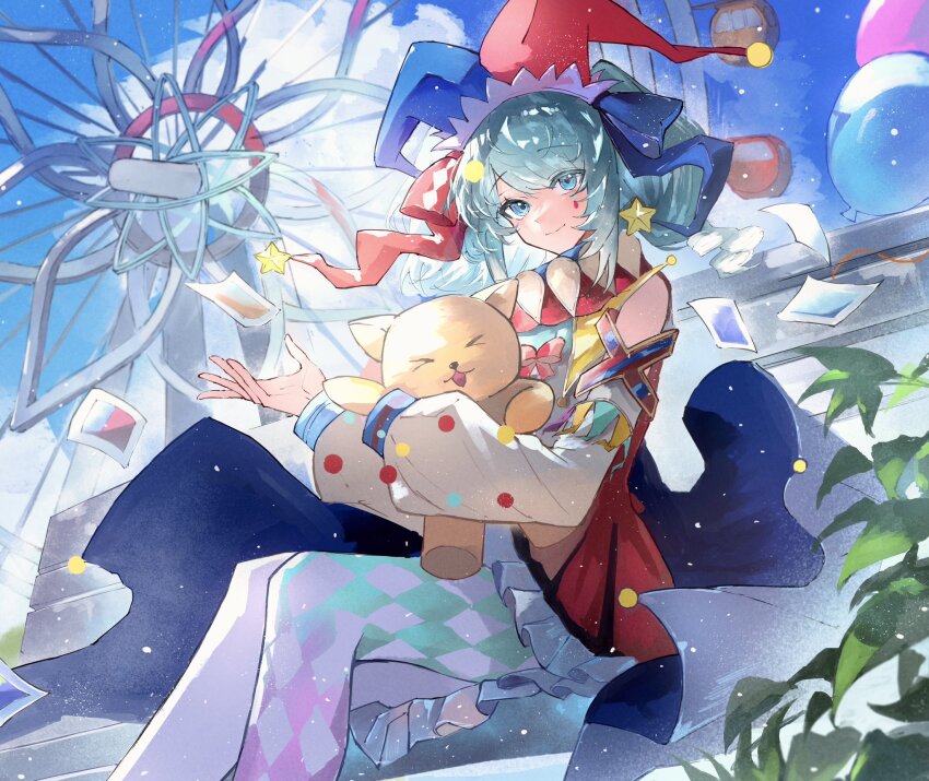 1girl, blue_eyes, blue_hair, blue_sky, clown, dress, hashtag-only_commentary, hat