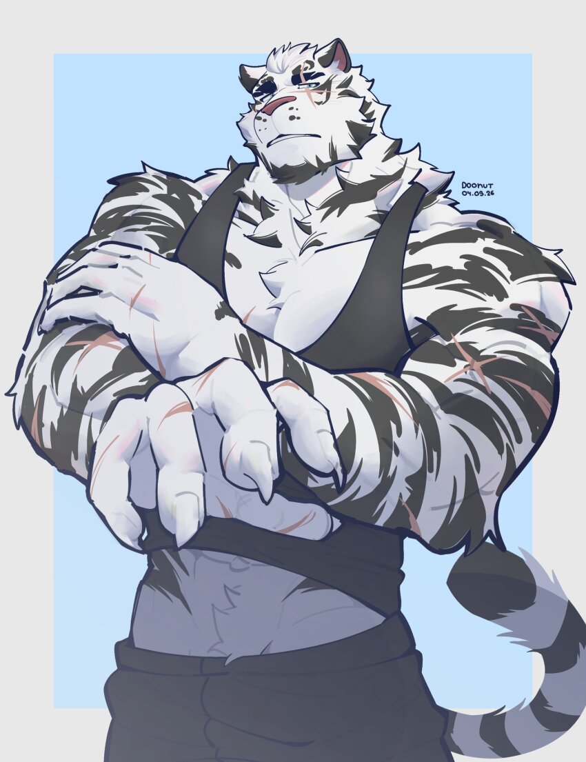 1boy, abs, animal_ears, arknights, artist_name, bara, black_pants, black_shirt