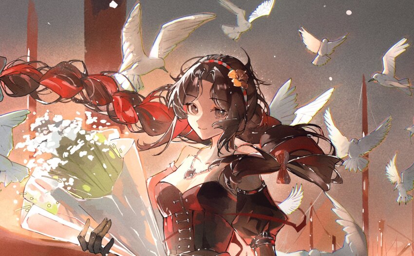 1girl, bird, black_gloves, bow, dress, flower, gloves, hashtag-only_commentary