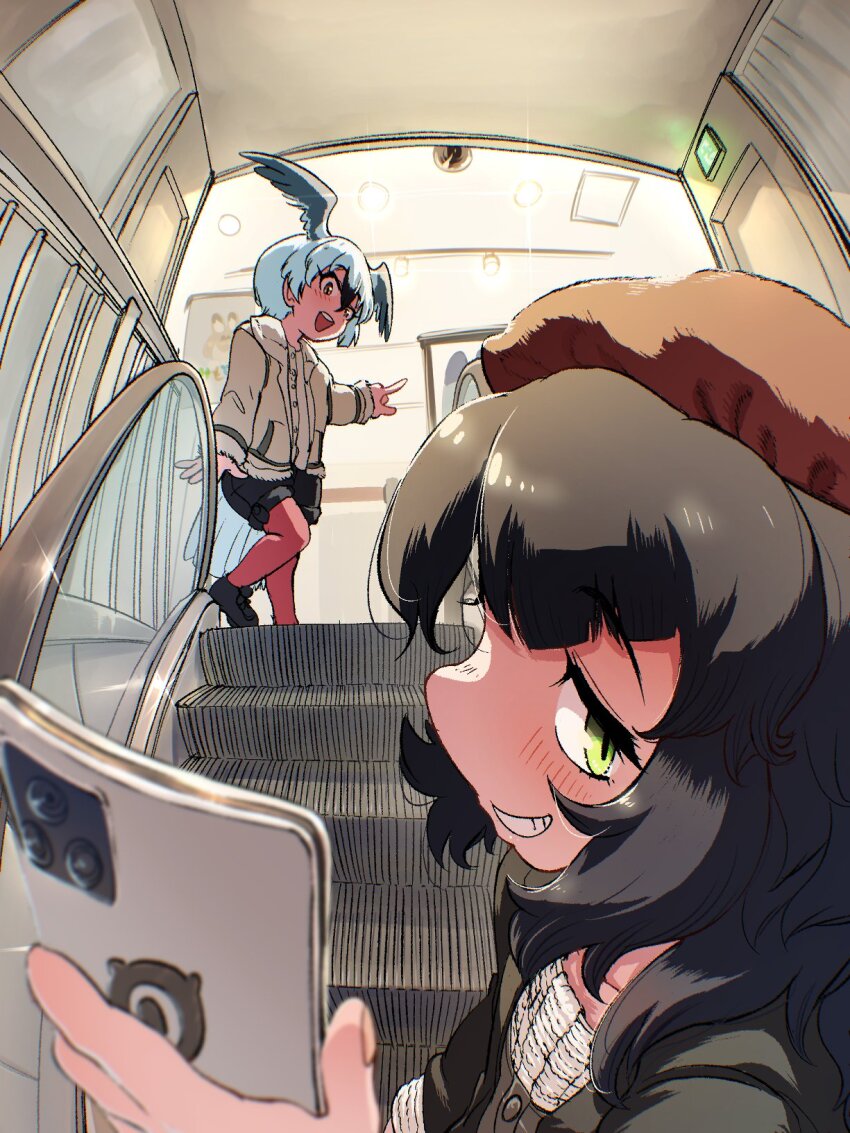 2girls, bird_girl, bird_tail, bird_wings, black_hair, brown_eyes, cellphone, commentary_request